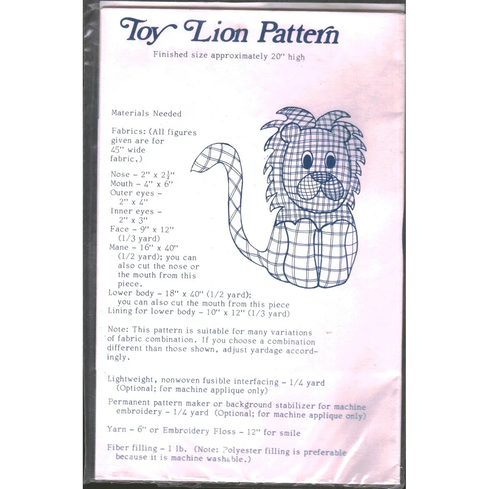 Vintage 1979 Yours Truly Toy Lion‎ Patchwork Stuffed Animal Sewing Pattern 3717
